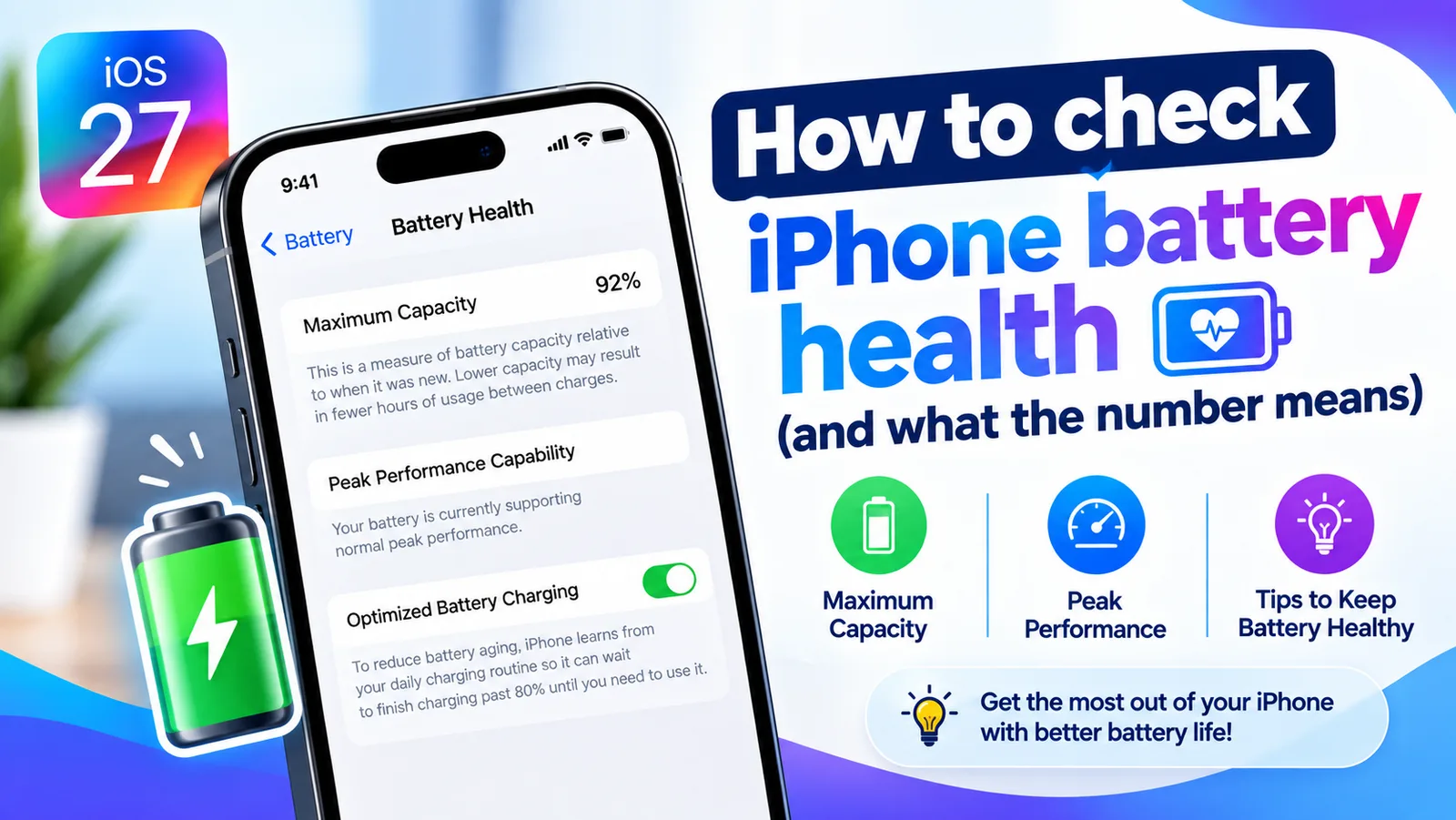 Illustration of the iPhone Battery Health screen showing Maximum Capacity and Peak Performance Capability