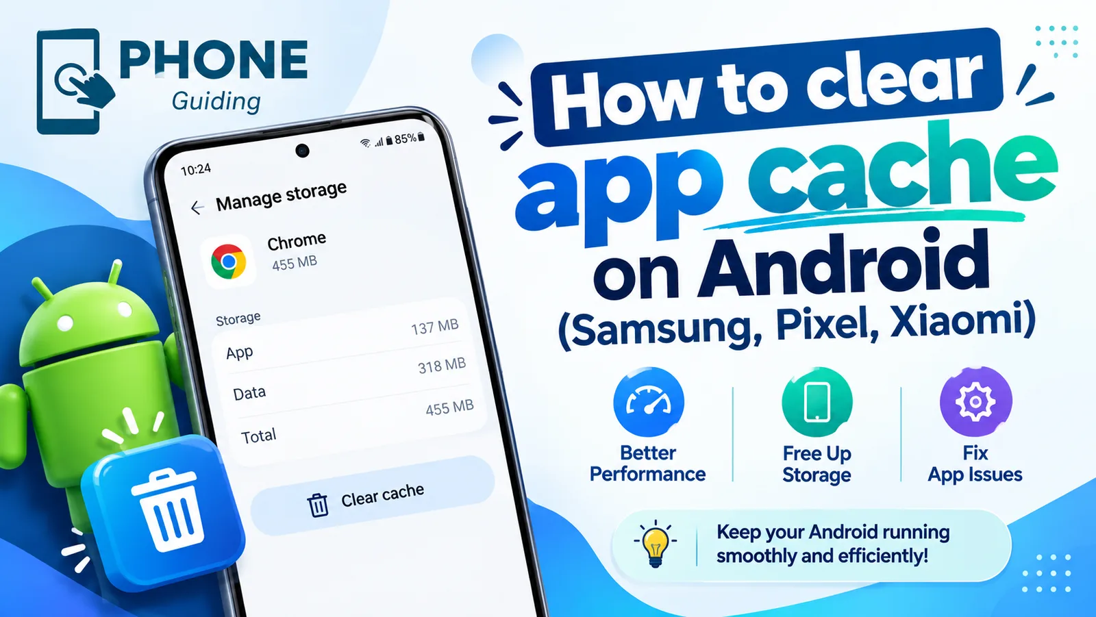 Illustration of an Android app storage screen with a Clear cache button