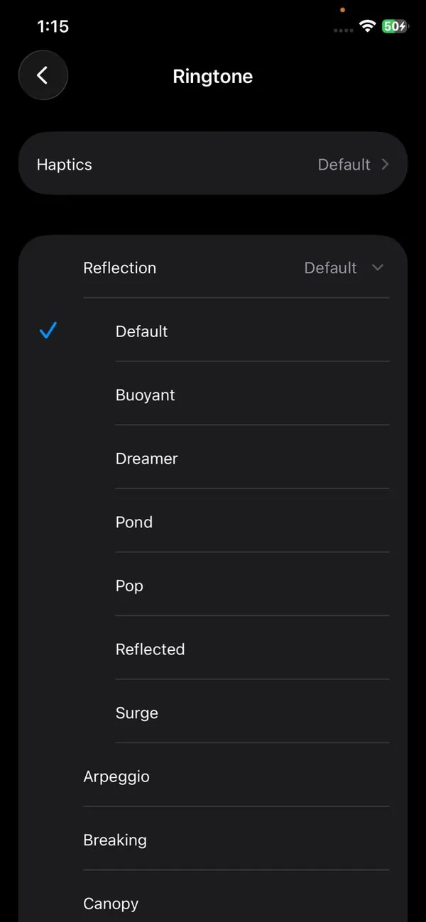 Ringtone list on iPhone with Reflection selected as the default