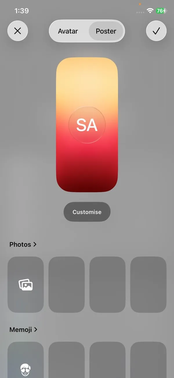 Apple Account avatar editor on iPhone with Avatar and Poster tabs, Photos and Memoji