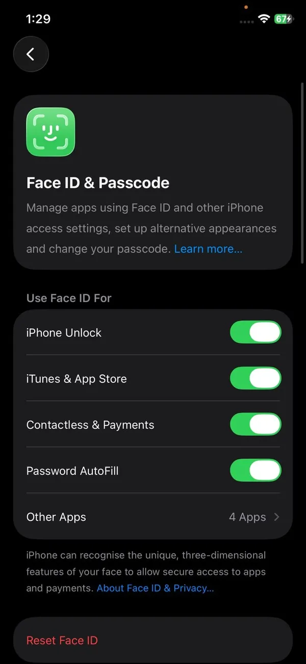 Face ID and Passcode settings on iPhone