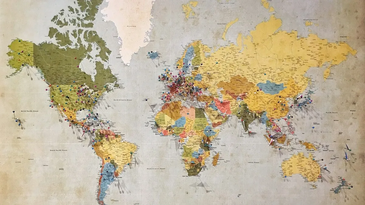 Pinned locations on a world map
