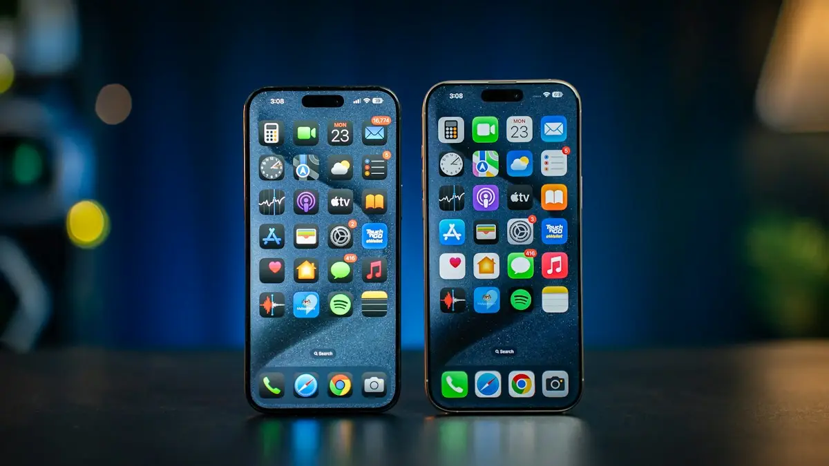 Two cell phones sitting next to each other on a table