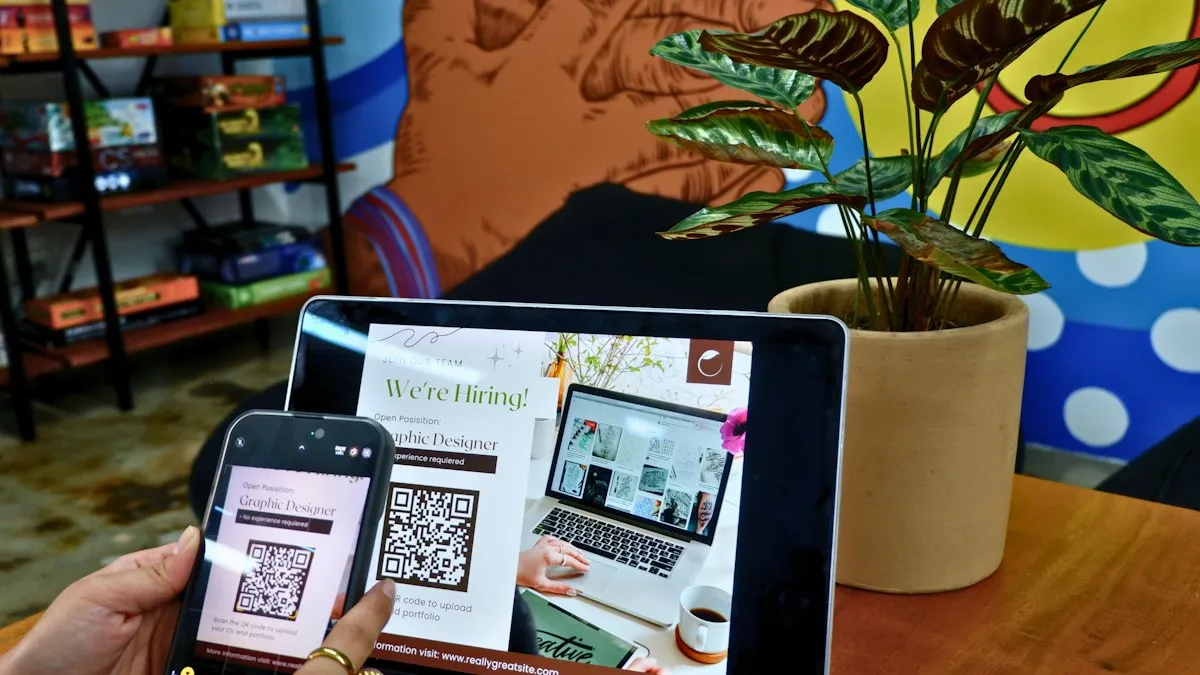 A person using a laptop with a QR code on the screen