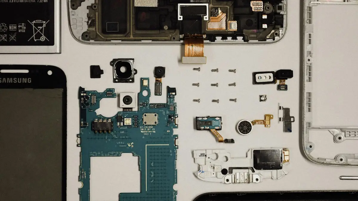A close up of a cell phone with parts removed