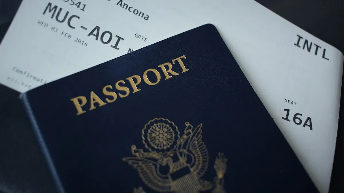 A passport booklet on top of white paper