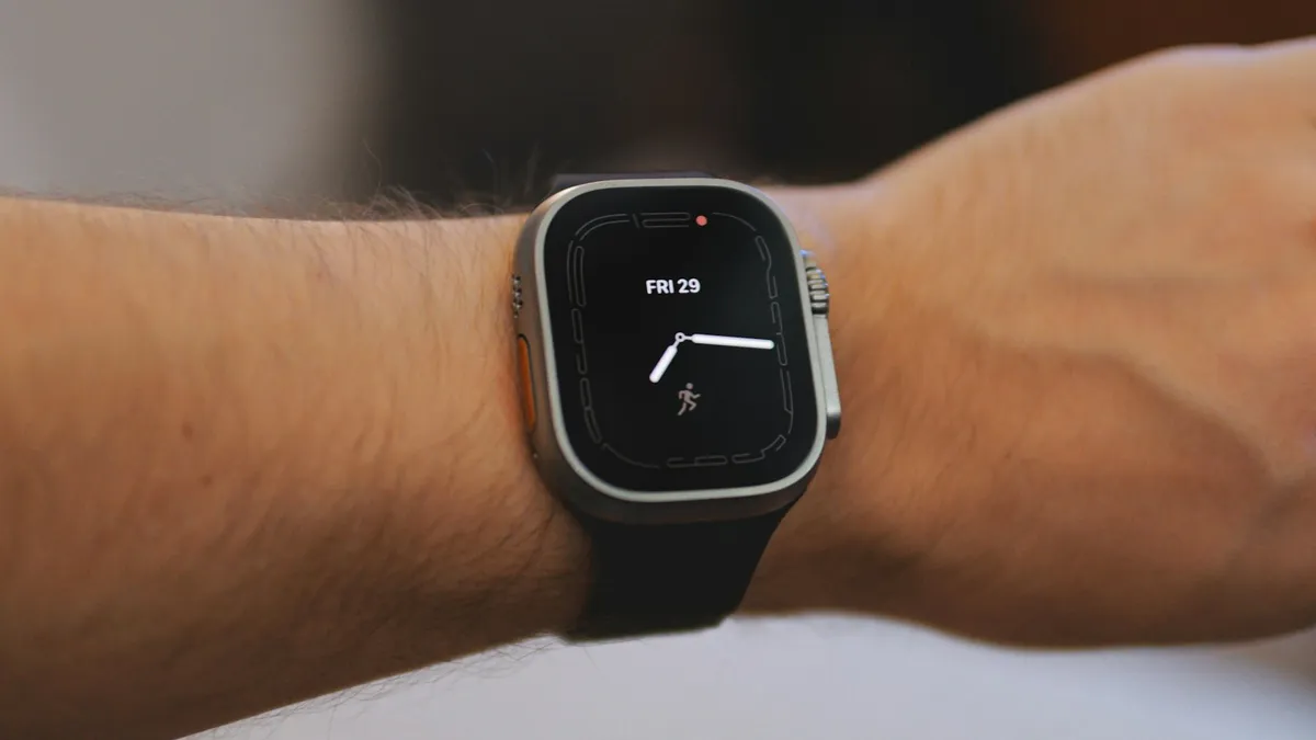 A close up of an Apple Watch Ultra on a wrist