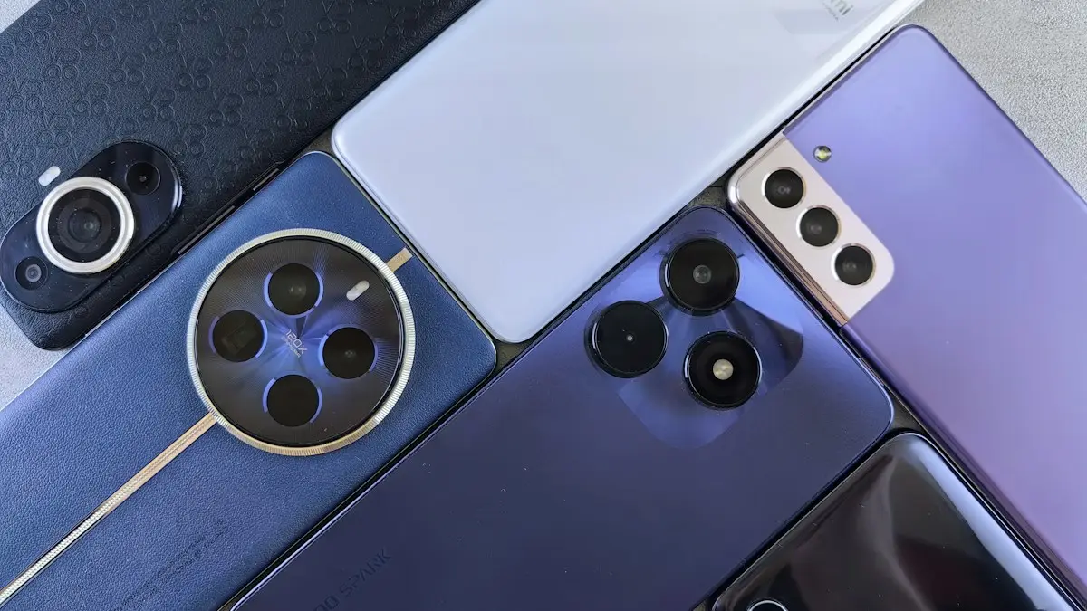 A bunch of cell phones sitting next to each other