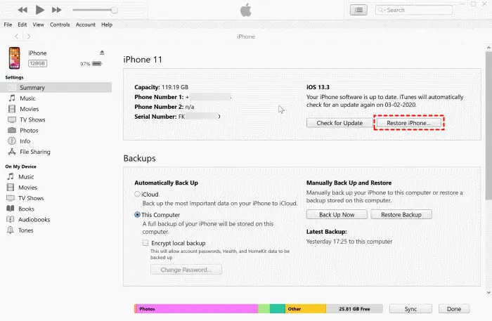 Use iTunes To Restore the iPhone To Its Factory Settings