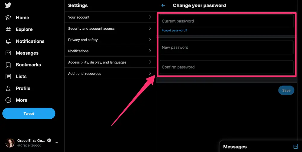 In A Web Browser, How to Modify My Twitter Password