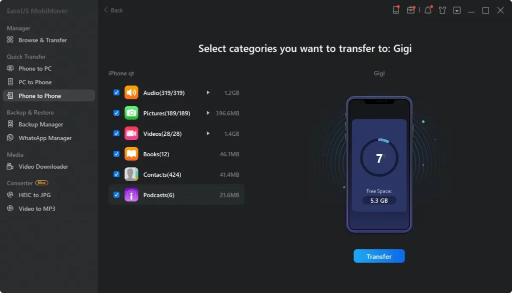 MobiMover transfers all data types from the old iPhone to the new iPhone
